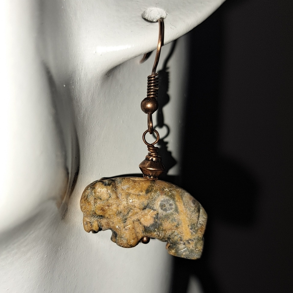Zuni Stye Leopard Skin Jasper Carved Fetish Buffalo Dangle Earrings in Copper